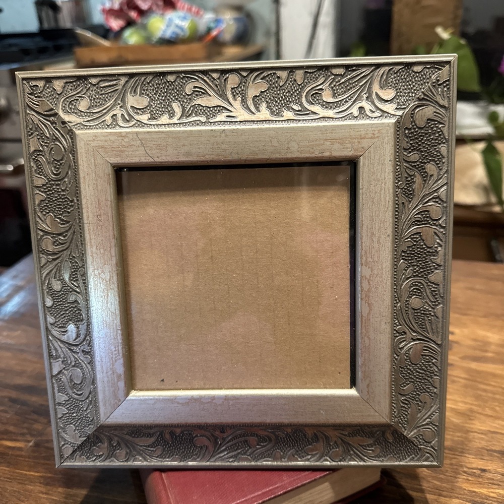 Standing 8.5 X 8.5 photo frame Rectangle Wooden carved Picture Pewter Color